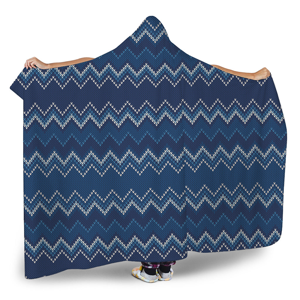 Blue Chevron Knitted Pattern Print Hooded Blanket