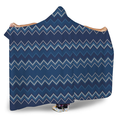 Blue Chevron Knitted Pattern Print Hooded Blanket