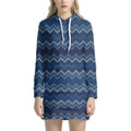 Blue Chevron Knitted Pattern Print Pullover Hoodie Dress