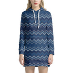 Blue Chevron Knitted Pattern Print Hoodie Dress