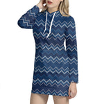 Blue Chevron Knitted Pattern Print Hoodie Dress