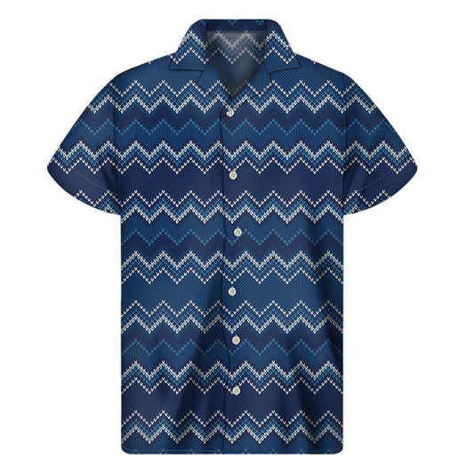 Blue Chevron Knitted Pattern Print Men's Short Sleeve Shirt
