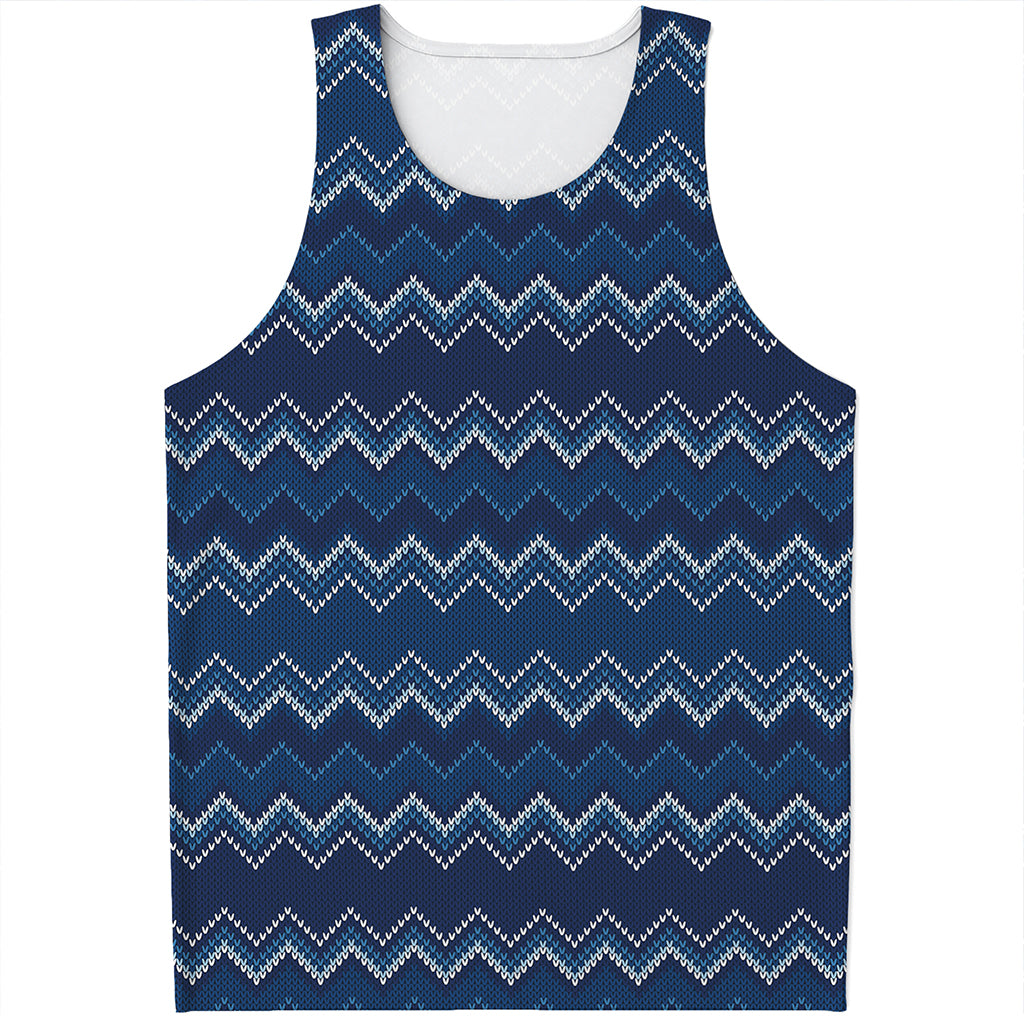 Blue Chevron Knitted Pattern Print Men's Tank Top