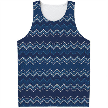 Blue Chevron Knitted Pattern Print Men's Tank Top
