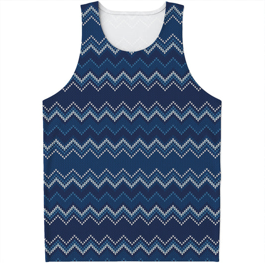 Blue Chevron Knitted Pattern Print Men's Tank Top