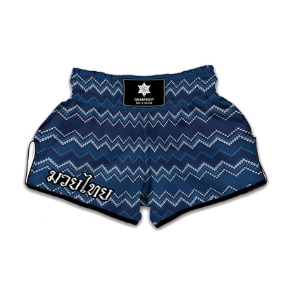 Blue Chevron Knitted Pattern Print Muay Thai Boxing Shorts