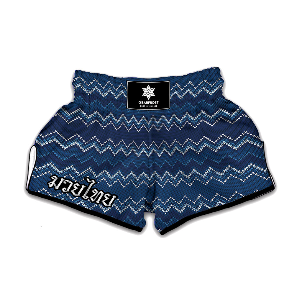 Blue Chevron Knitted Pattern Print Muay Thai Boxing Shorts