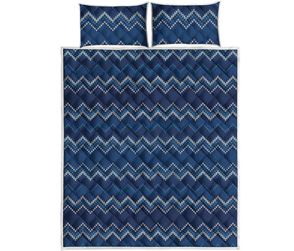 Blue Chevron Knitted Pattern Print Quilt Bed Set