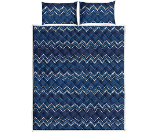 Blue Chevron Knitted Pattern Print Quilt Bed Set