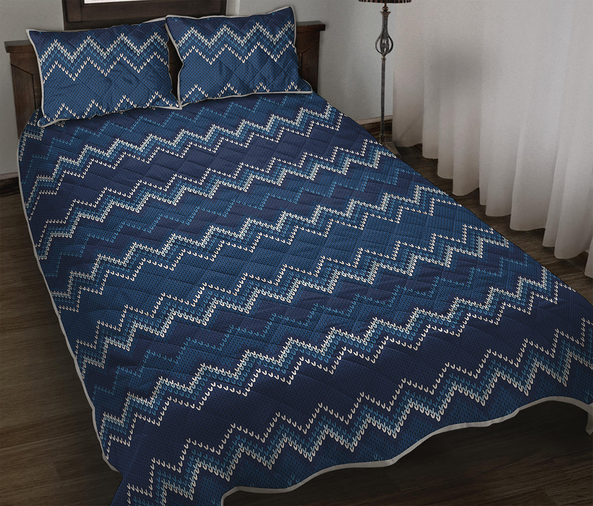 Blue Chevron Knitted Pattern Print Quilt Bed Set