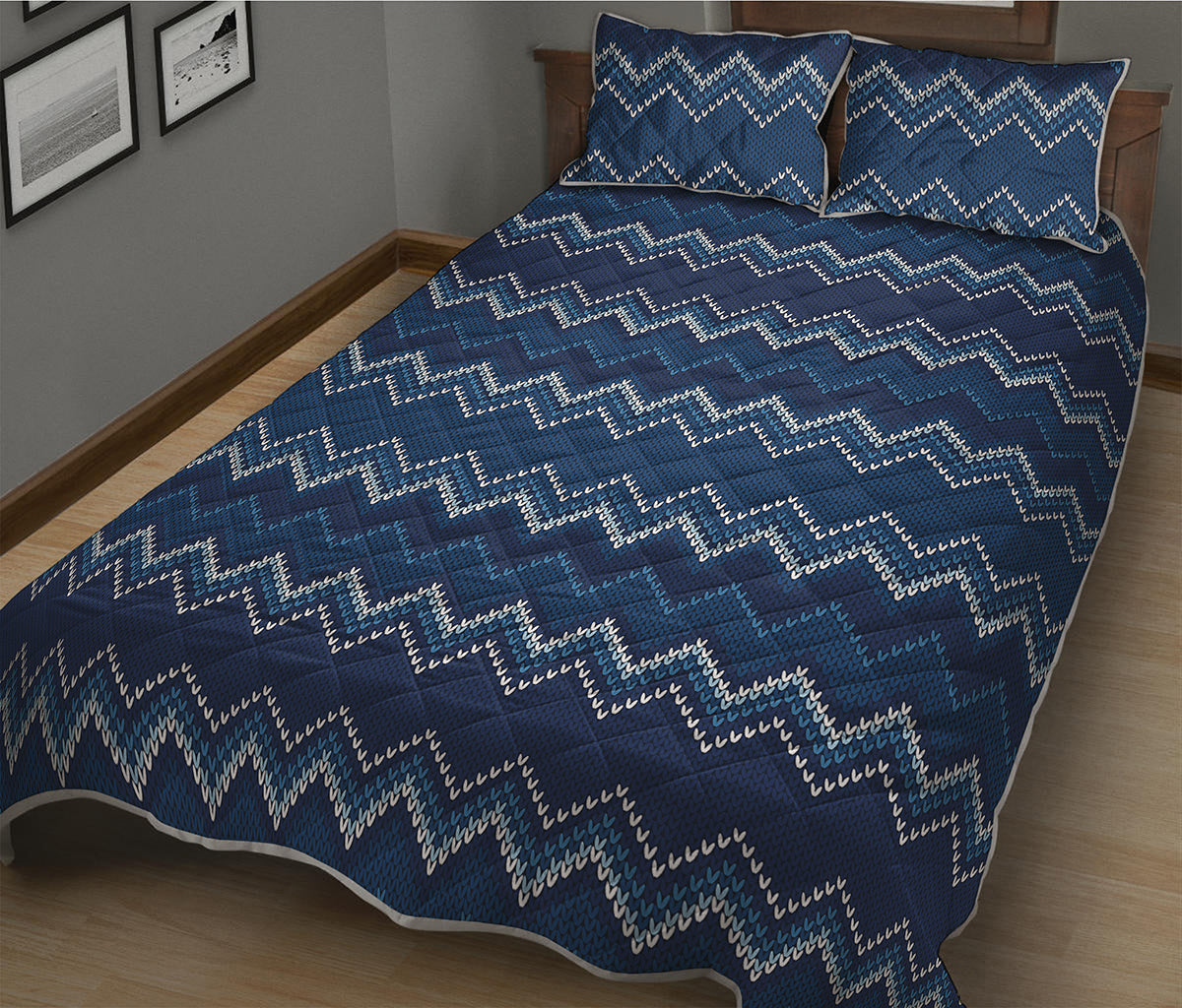 Blue Chevron Knitted Pattern Print Quilt Bed Set