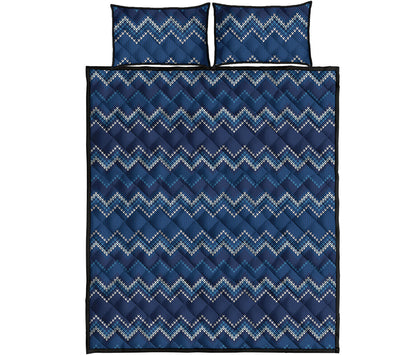 Blue Chevron Knitted Pattern Print Quilt Bed Set