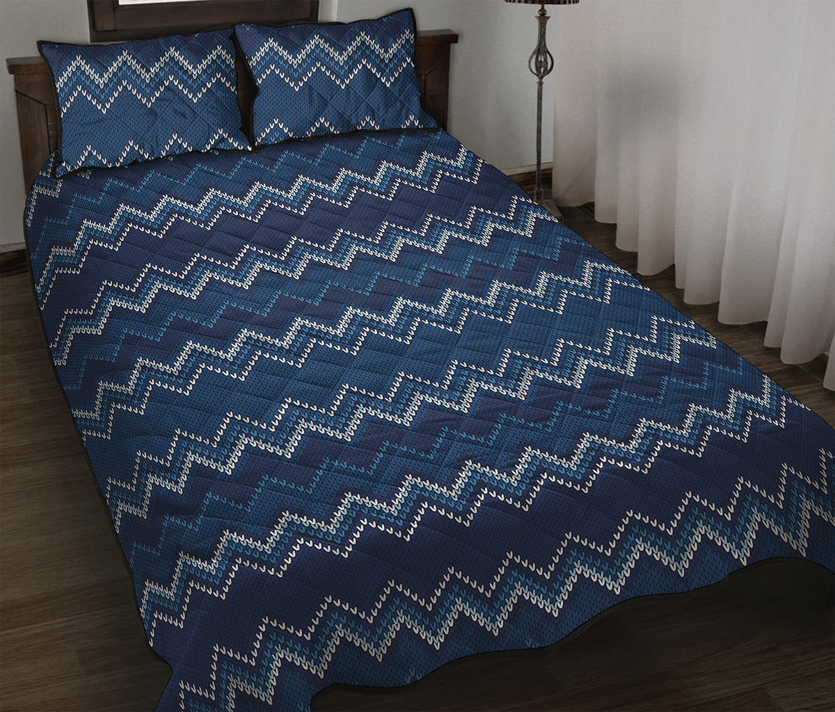 Blue Chevron Knitted Pattern Print Quilt Bed Set