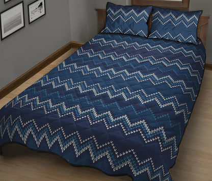 Blue Chevron Knitted Pattern Print Quilt Bed Set