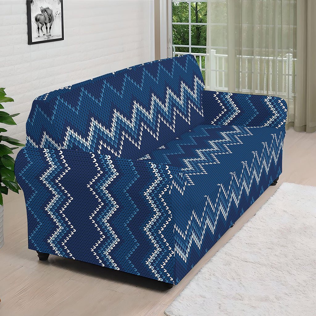 Blue Chevron Knitted Pattern Print Sofa Cover