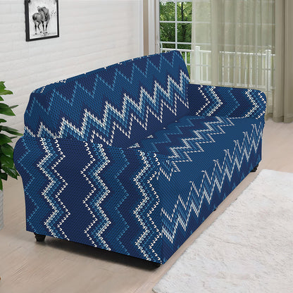 Blue Chevron Knitted Pattern Print Sofa Cover