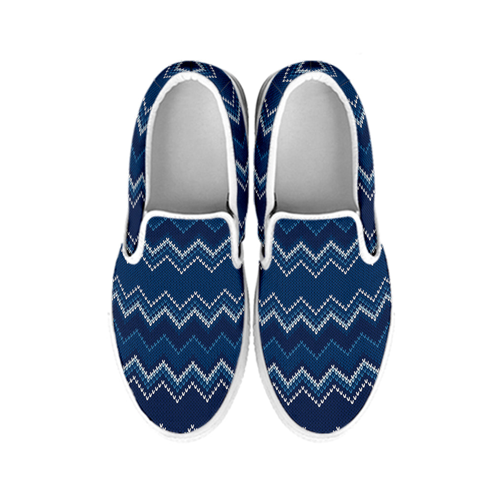 Blue Chevron Knitted Pattern Print White Slip On Shoes