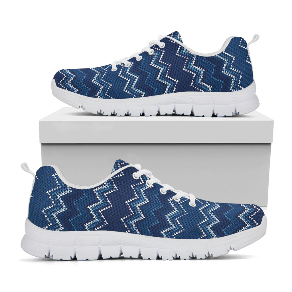 Blue Chevron Knitted Pattern Print White Sneakers