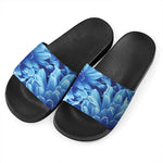 Blue Chrysanthemum Flower Print Black Slide Sandals