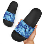 Blue Chrysanthemum Flower Print Black Slide Sandals