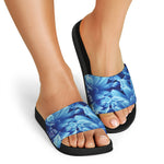 Blue Chrysanthemum Flower Print Black Slide Sandals
