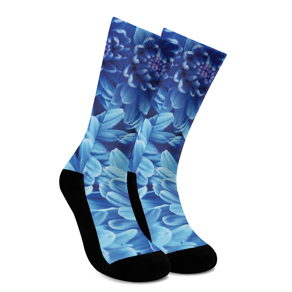 Blue Chrysanthemum Flower Print Crew Socks