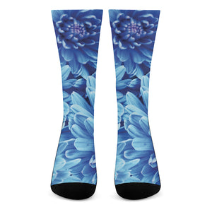 Blue Chrysanthemum Flower Print Crew Socks