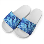 Blue Chrysanthemum Flower Print White Slide Sandals