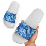 Blue Chrysanthemum Flower Print White Slide Sandals