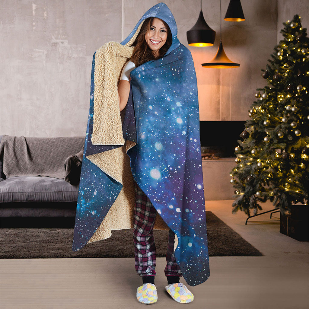 Blue Cloud Starfield Galaxy Space Print Hooded Blanket