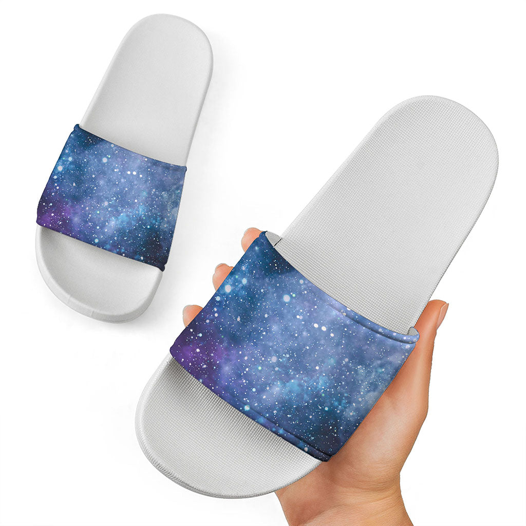 Blue Cloud Starfield Galaxy Space Print White Slide Sandals