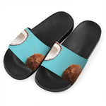 Blue Coconut Pattern Print Black Slide Sandals