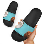 Blue Coconut Pattern Print Black Slide Sandals