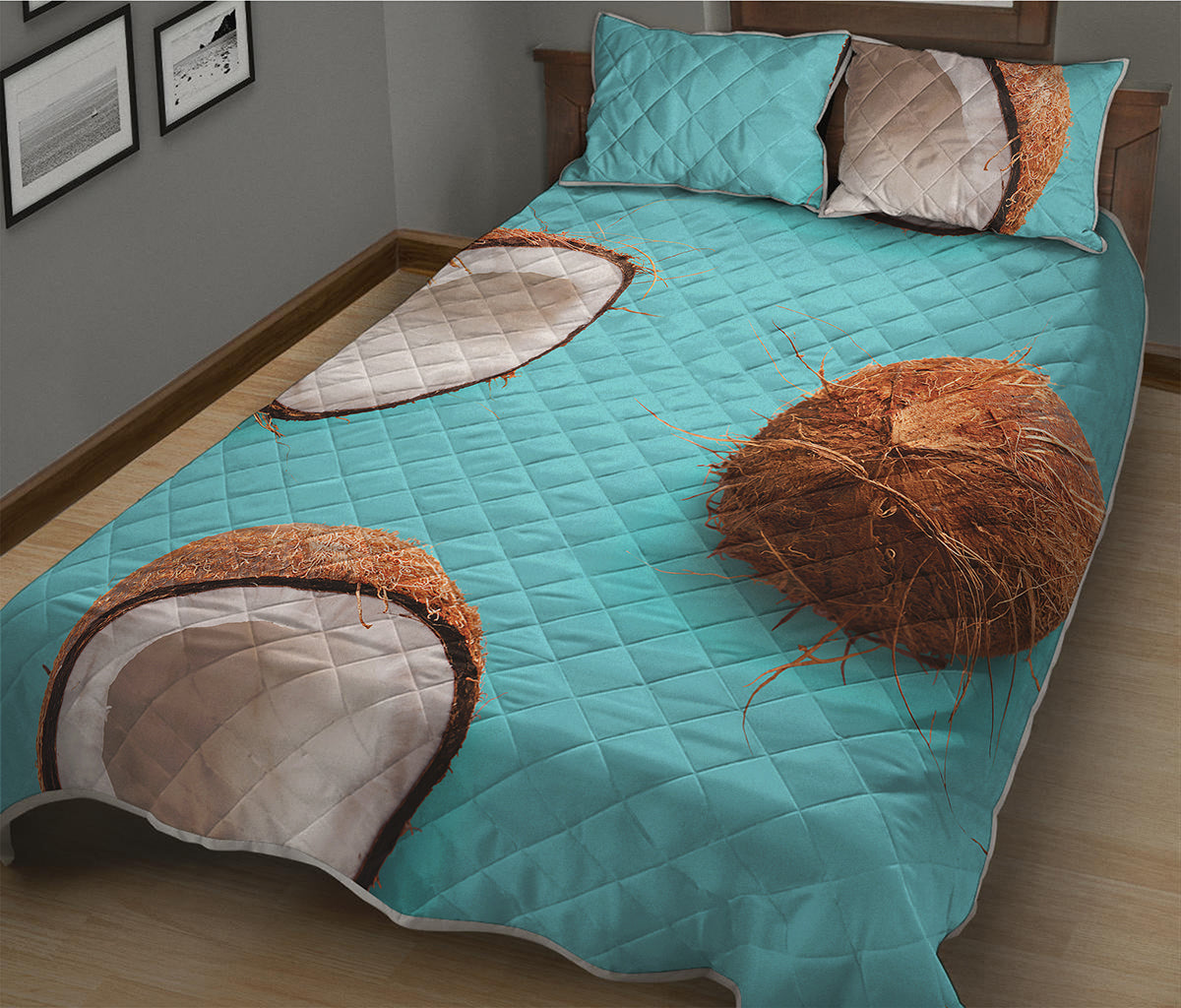 Blue Coconut Pattern Print Quilt Bed Set