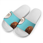 Blue Coconut Pattern Print White Slide Sandals