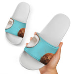 Blue Coconut Pattern Print White Slide Sandals