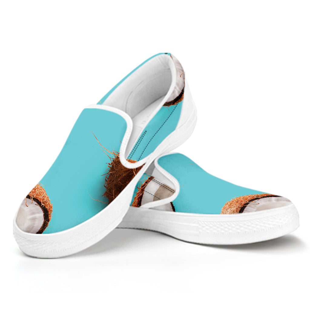 Blue Coconut Pattern Print White Slip On Shoes