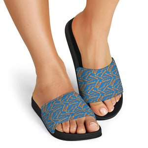 Blue Crispy Bacon Pattern Print Black Slide Sandals