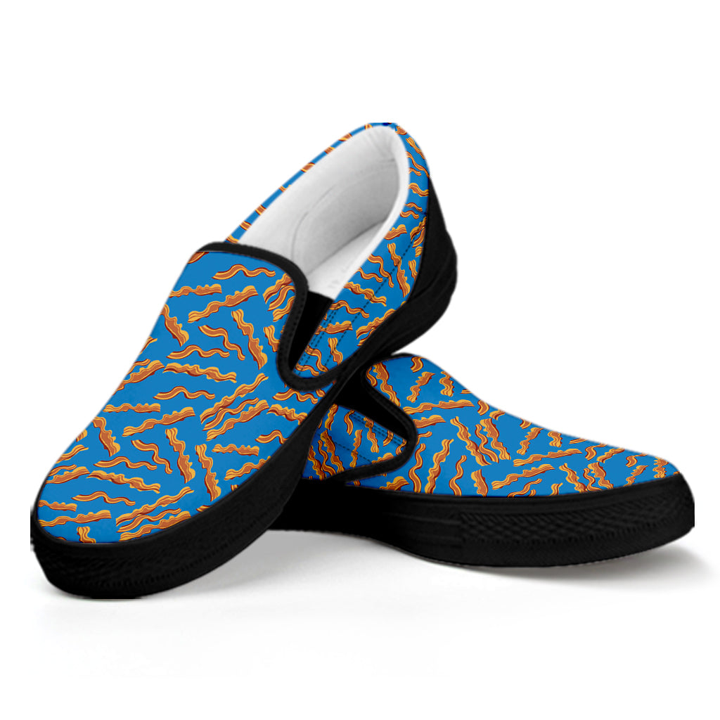 Blue Crispy Bacon Pattern Print Black Slip On Shoes