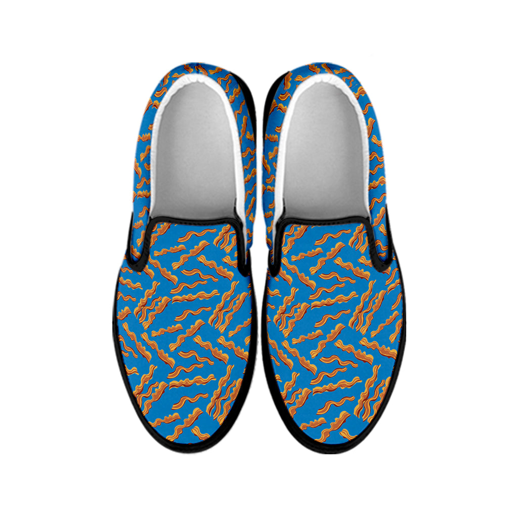 Blue Crispy Bacon Pattern Print Black Slip On Shoes