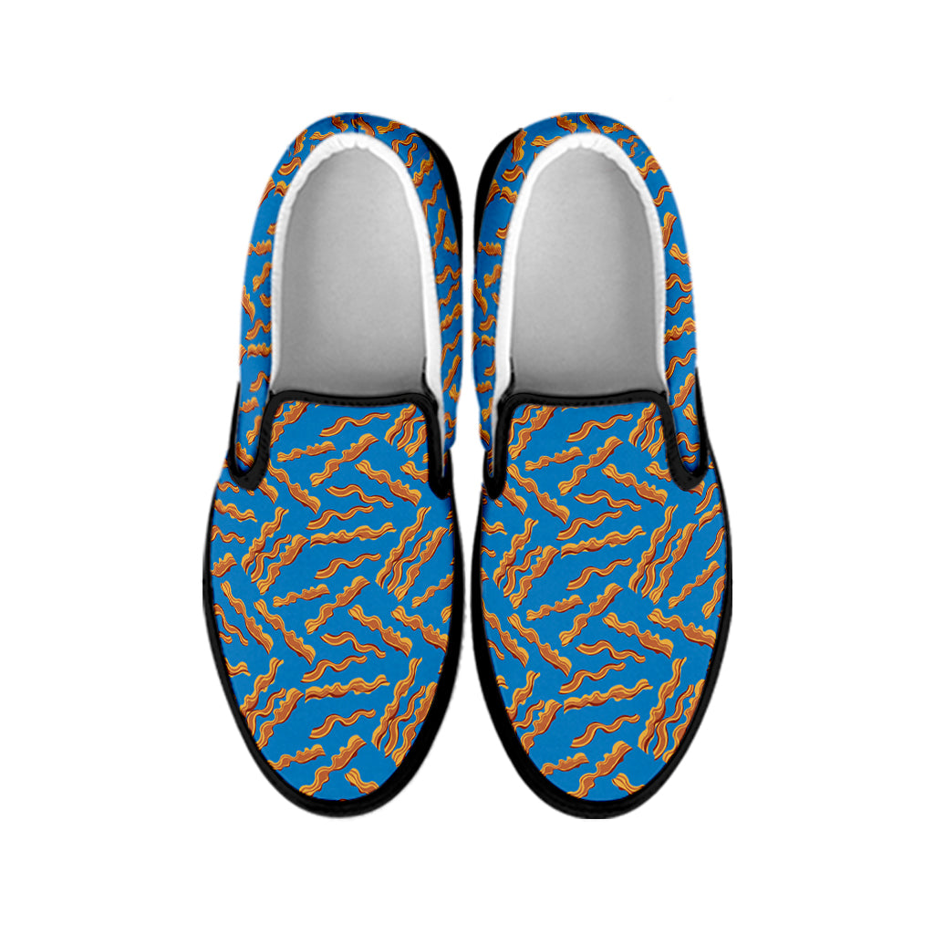 Blue Crispy Bacon Pattern Print Black Slip On Shoes