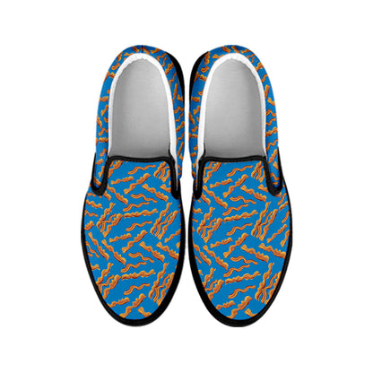 Blue Crispy Bacon Pattern Print Black Slip On Shoes