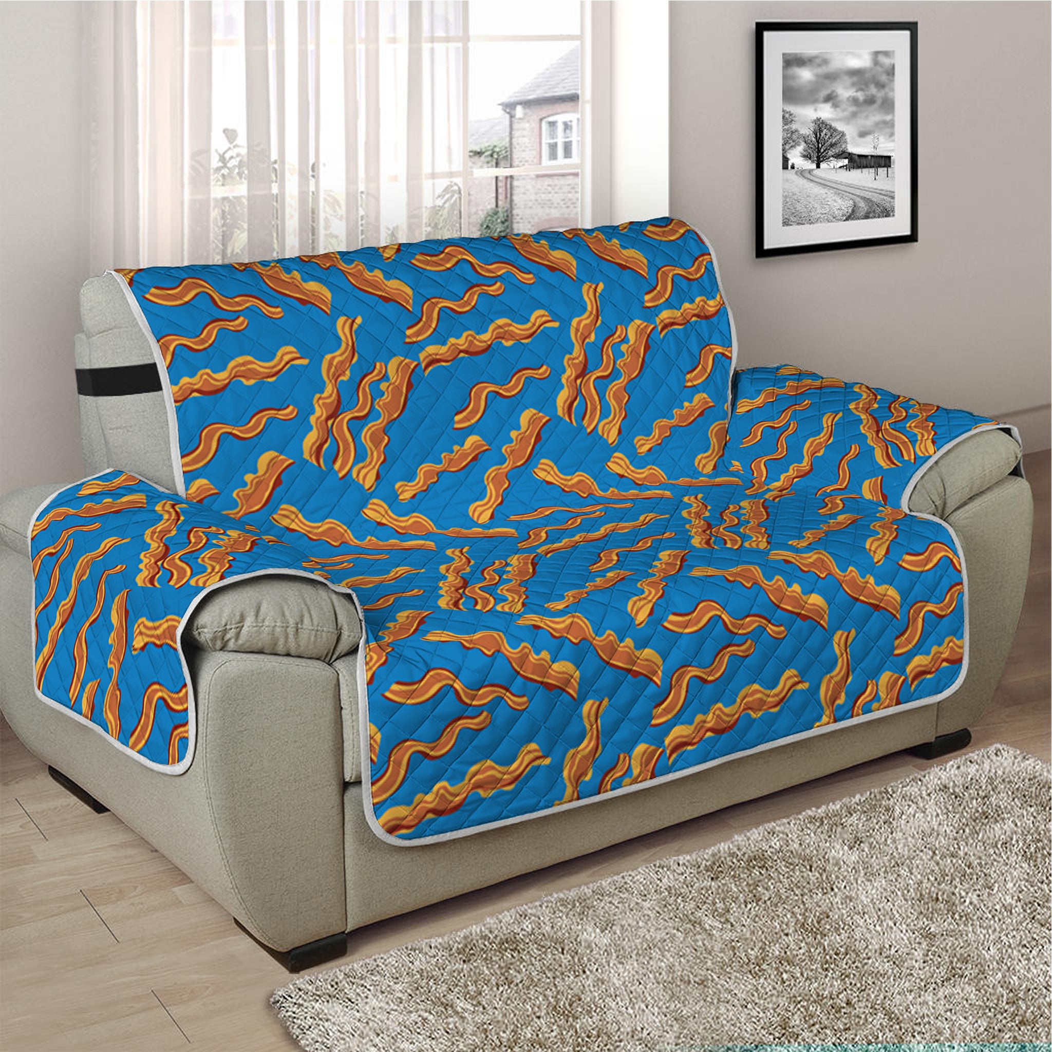 Blue Crispy Bacon Pattern Print Half Sofa Protector