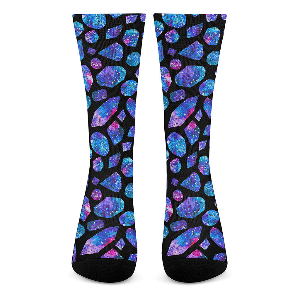 Blue Crystal Cosmic Galaxy Space Print Crew Socks