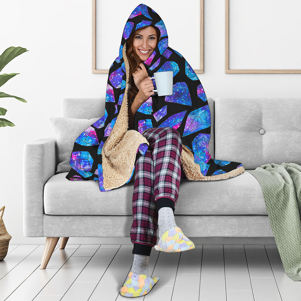 Blue Crystal Cosmic Galaxy Space Print Hooded Blanket