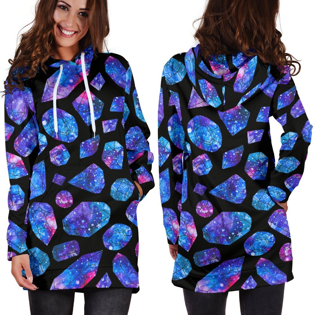 Blue Crystal Cosmic Galaxy Space Print Hoodie Dress GearFrost