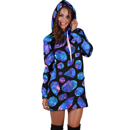 Blue Crystal Cosmic Galaxy Space Print Hoodie Dress GearFrost