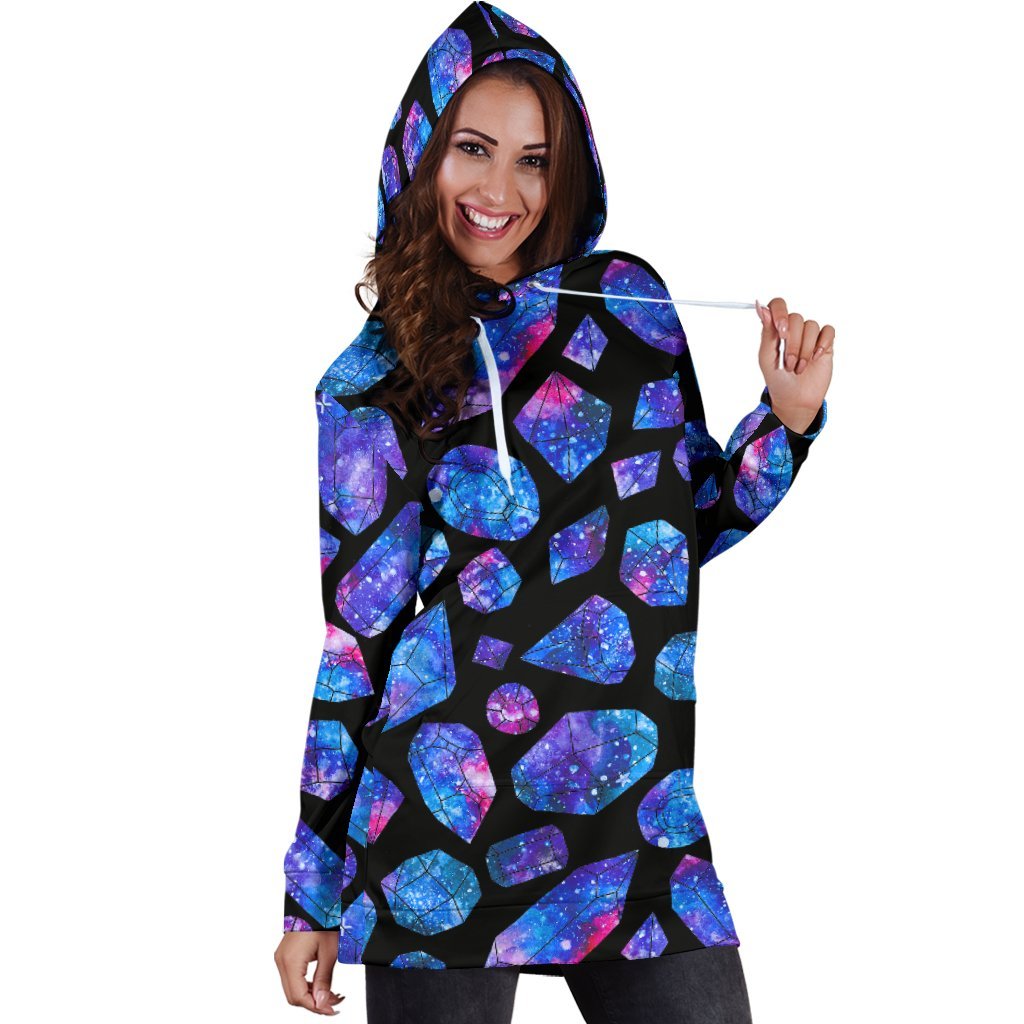 Blue Crystal Cosmic Galaxy Space Print Hoodie Dress GearFrost