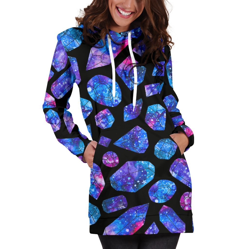 Blue Crystal Cosmic Galaxy Space Print Hoodie Dress GearFrost