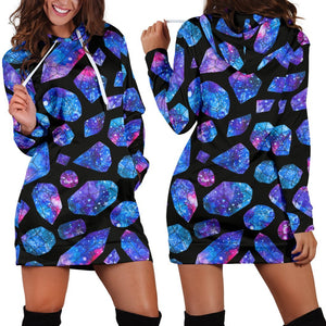 Blue Crystal Cosmic Galaxy Space Print Hoodie Dress GearFrost